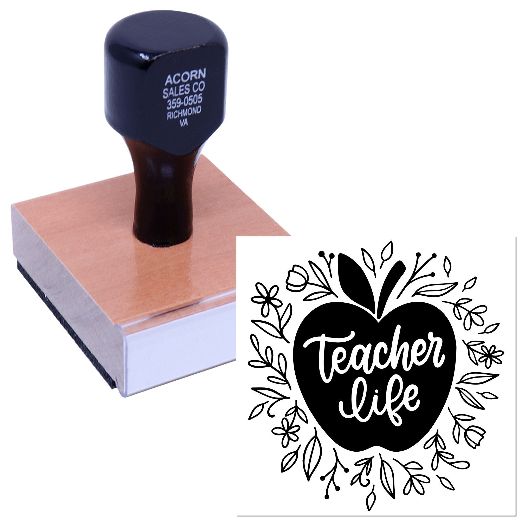 Teacher Life rubber stamp on wooden block, ideal for classroom labels, teacher gifts, and scrapbook paper crafting.