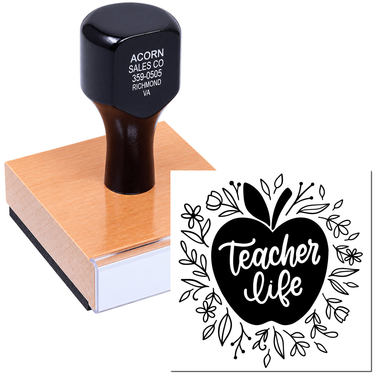 Teacher Life rubber stamp on wooden block, ideal for classroom labels, teacher gifts, and scrapbook paper crafting.
