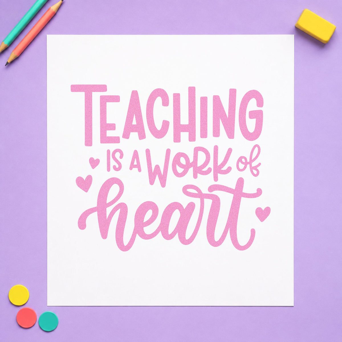 Teaching Work of Heart craft stamp in purple ink on cardstock, an easy option for buddy class tags.