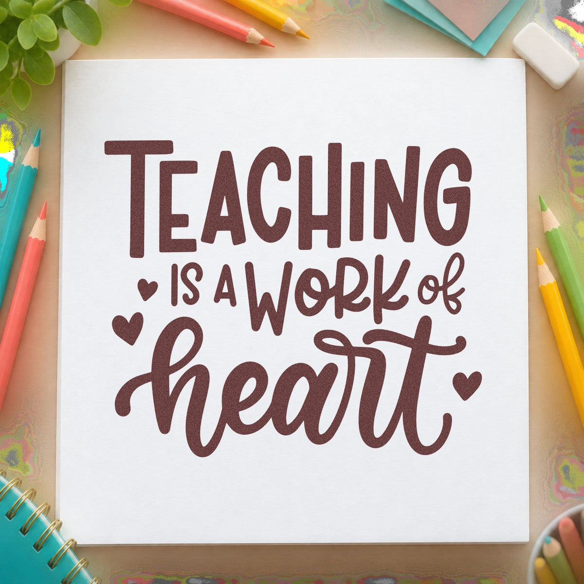 Teaching Work of Heart rubber stamp printed in brown ink, ready for heart chain crafts and similar paper crafts.