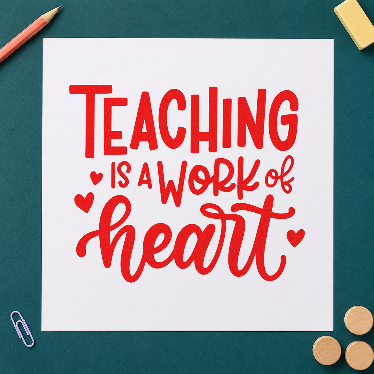 Teaching Work of Heart rubber stamp shown in red ink, stamped for projects such as peer tutor notes.