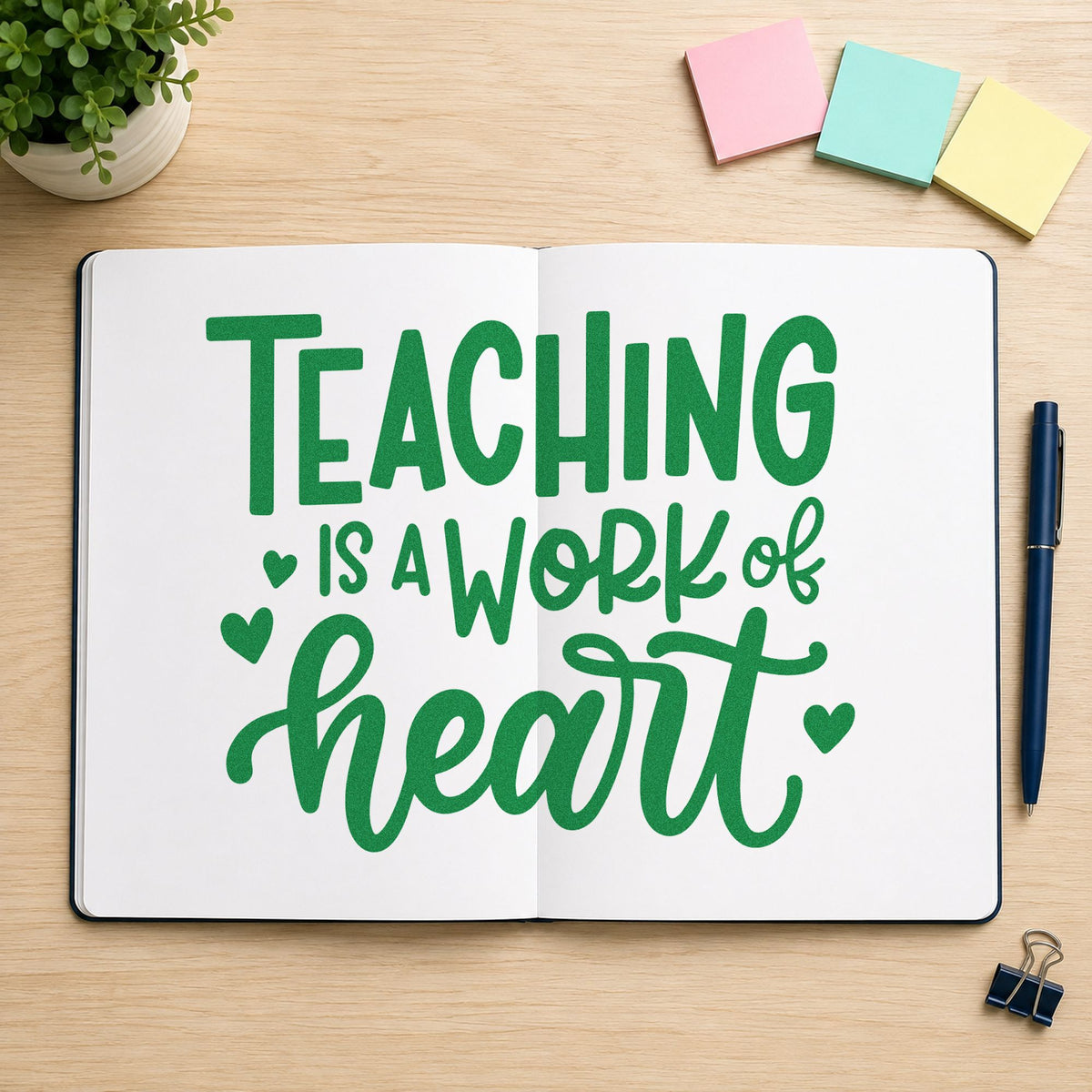 Teaching Work of Heart craft stamp imprint in green ink on a handmade project, one idea being framed buddy wall.