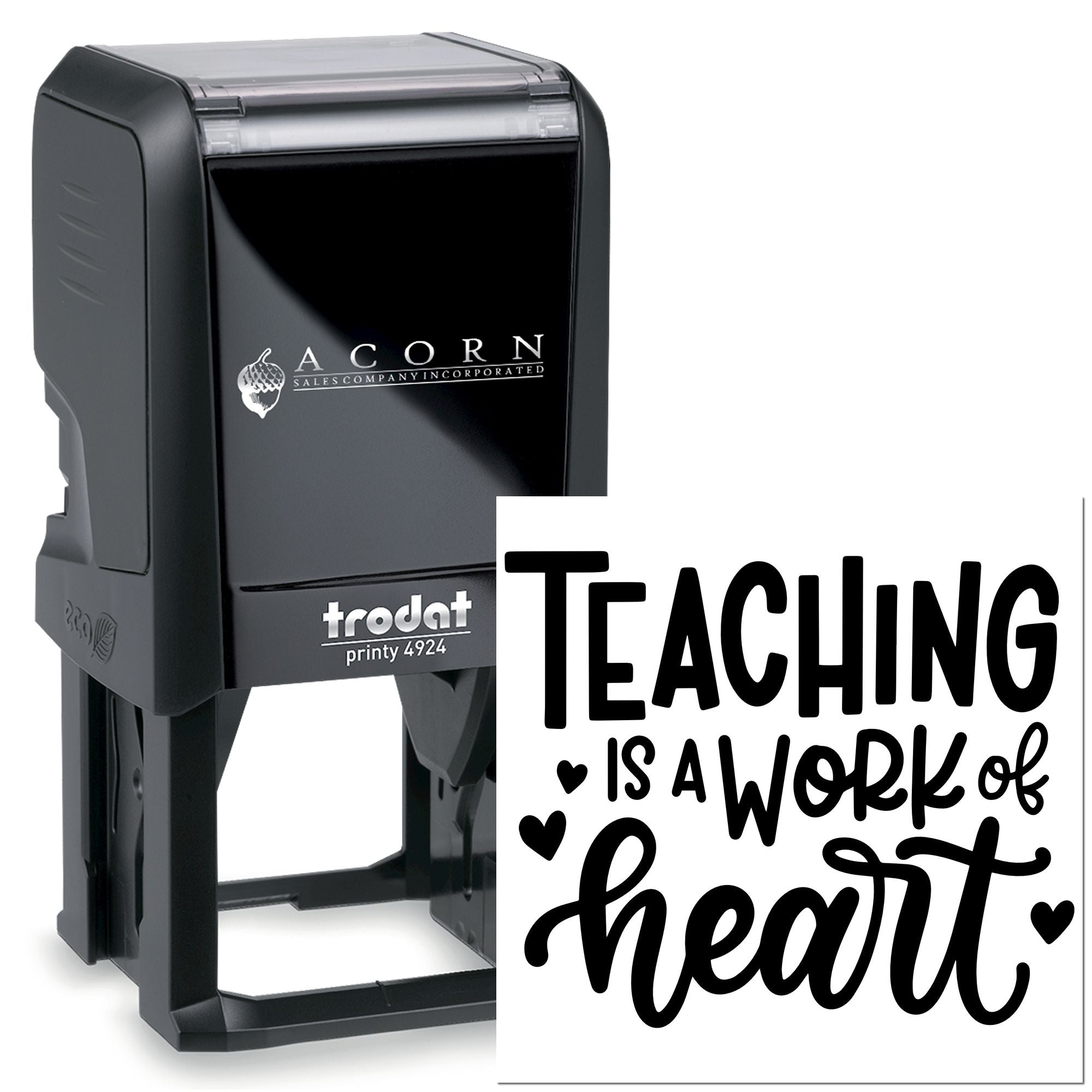 Self-inking rubber stamp with Teaching is a Work of Heart design, ideal for teacher appreciation and classroom use.