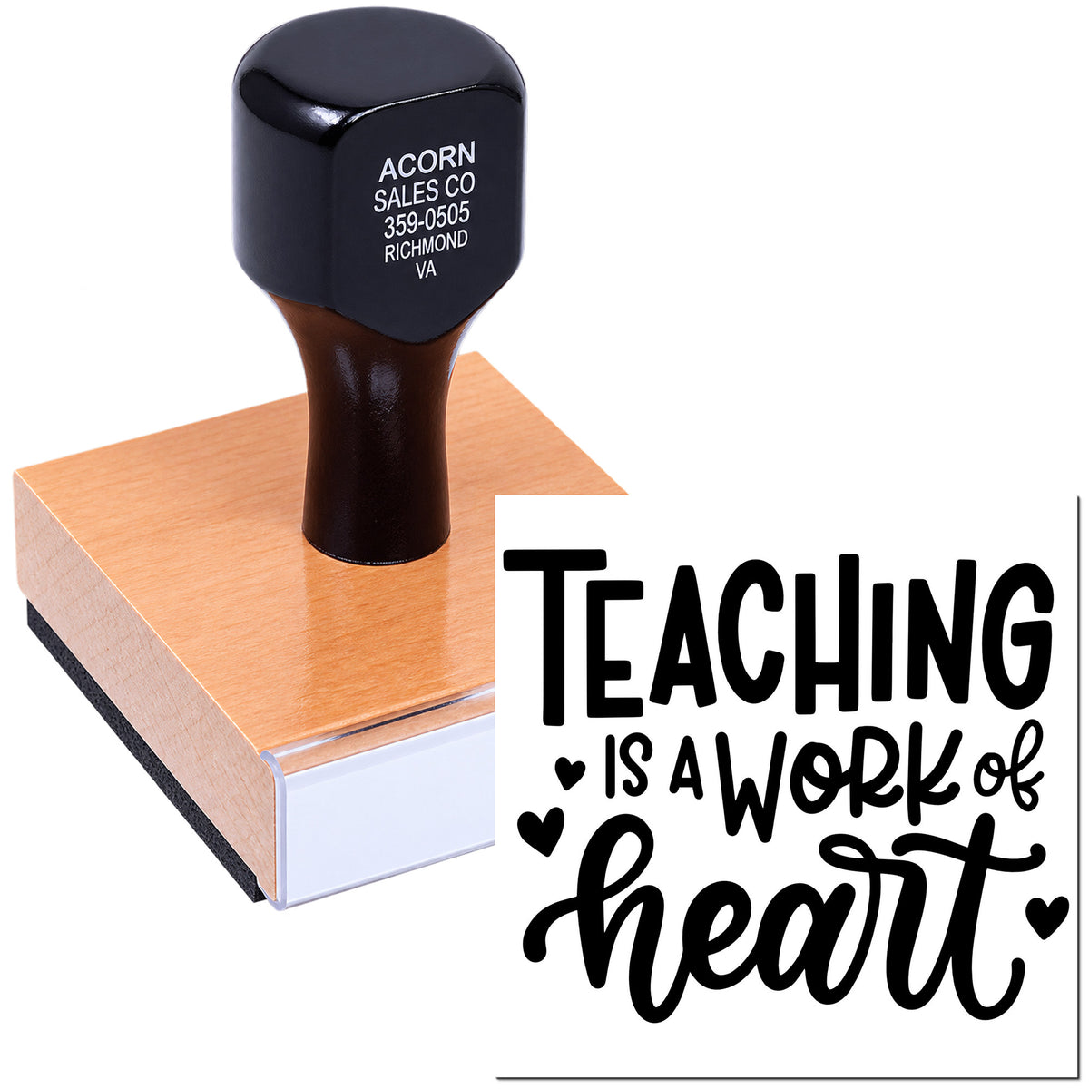 Custom teacher rubber stamp with Teaching Is a Work of Heart design for classroom use