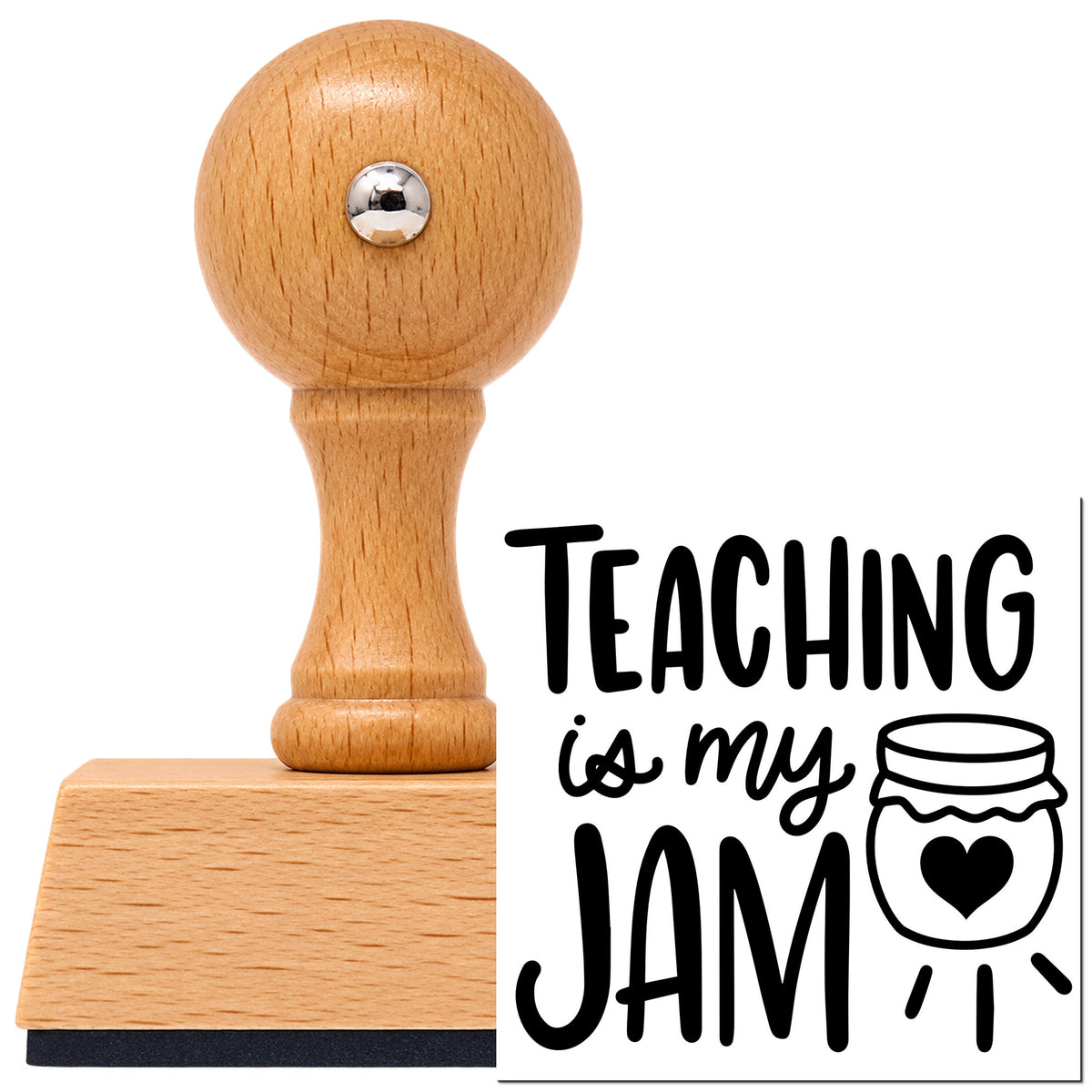 Teaching Is My Jam Jar Illustration Vintage Pro rubber stamp in European beech wood with a round knob handle, shown beside its black imprint.