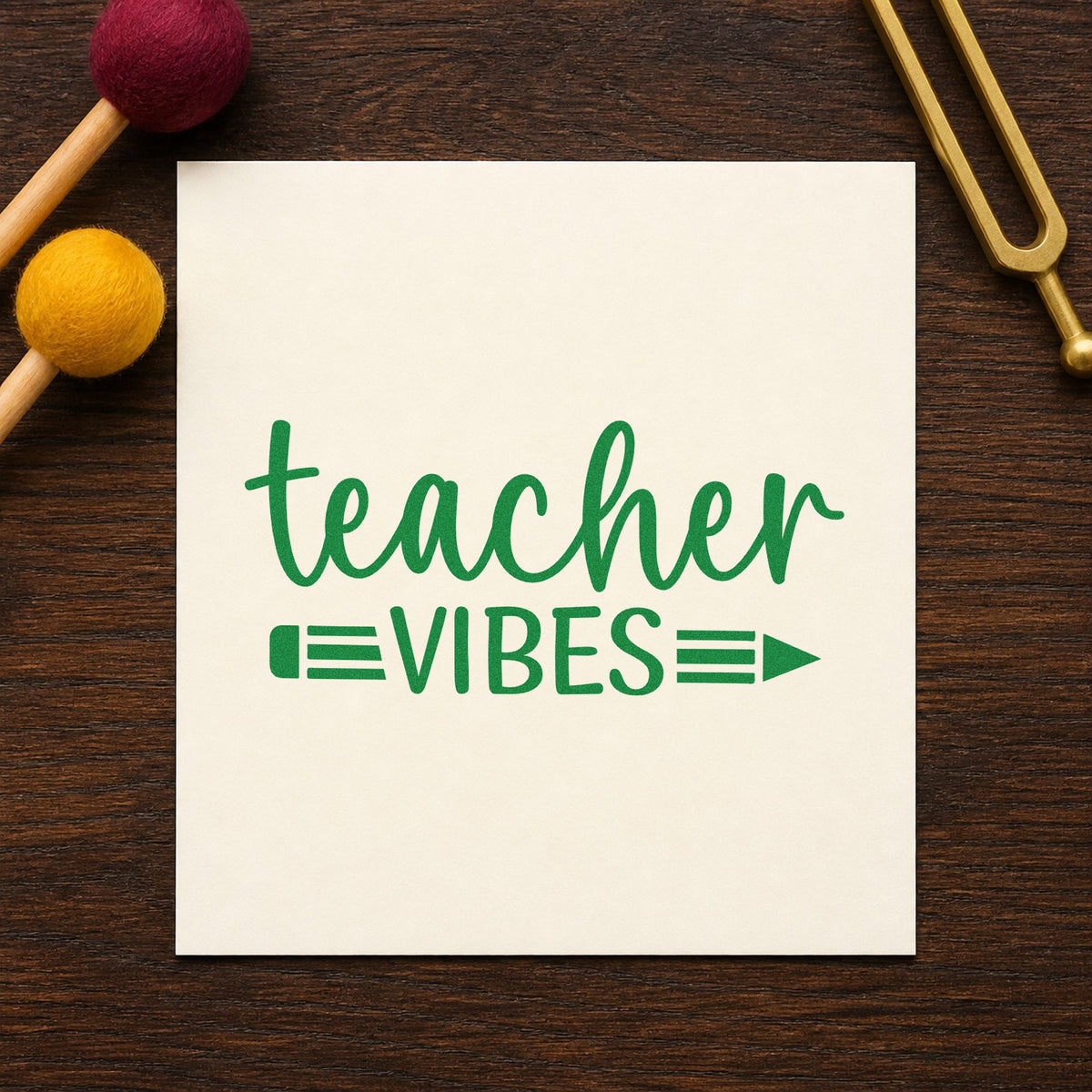 Teacher Vibes Pencil Rubber Stamp – Wood Handle in use 3