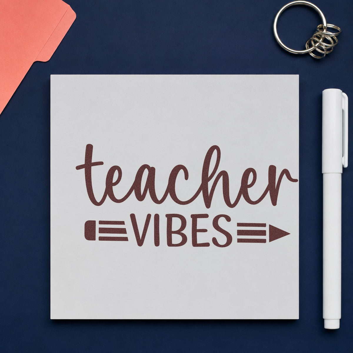Teacher Vibes Pencil Rubber Stamp – Wood Handle in use 4