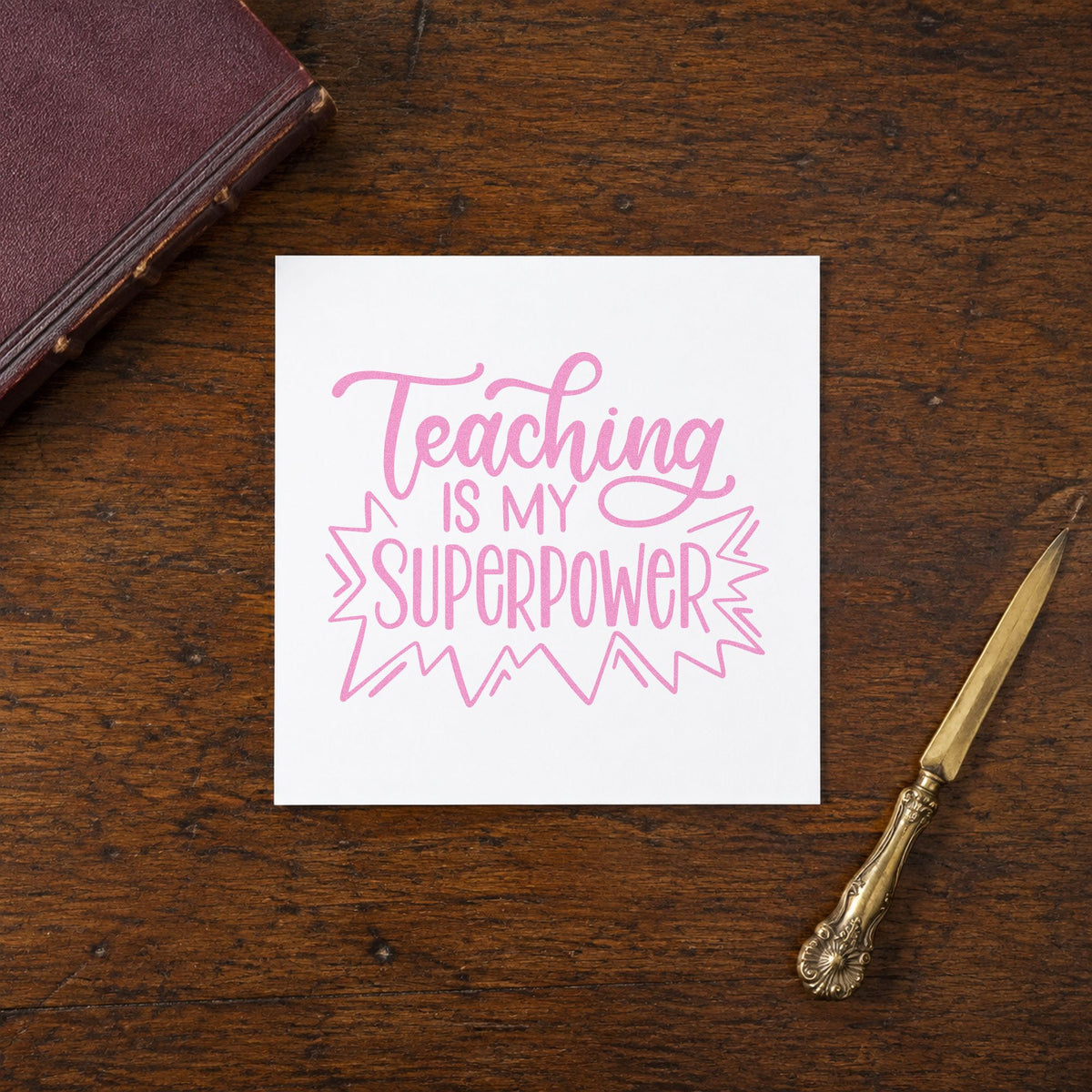 Teaching Is My Superpower craft stamp in purple ink on cardstock, an easy option for career day tags.