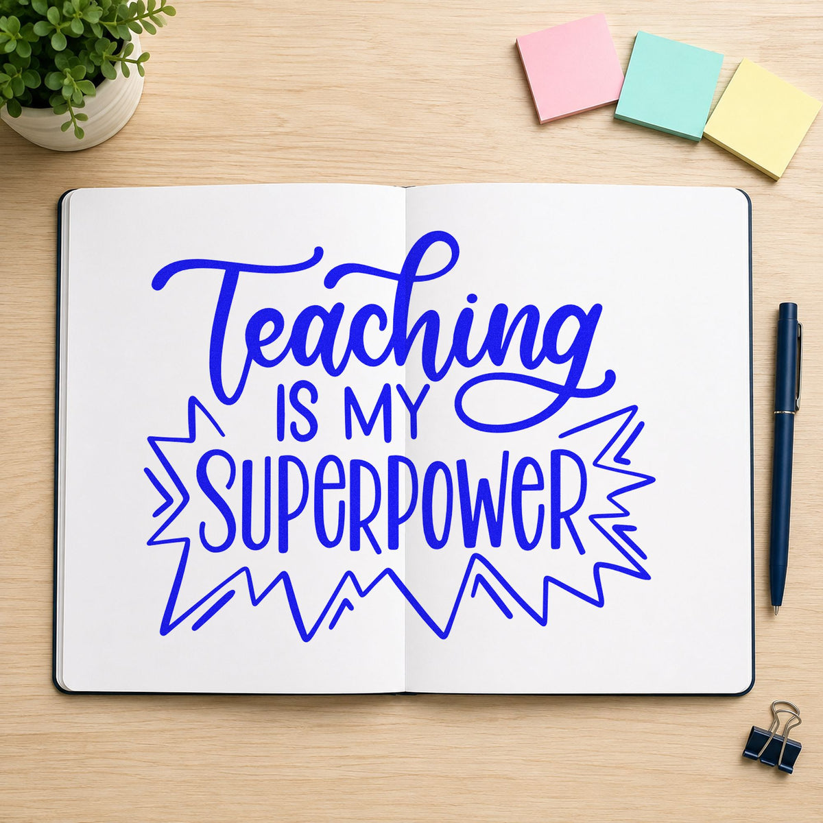Teaching Is My Superpower craft stamp in blue ink on cardstock, an easy option for cuff band panels.