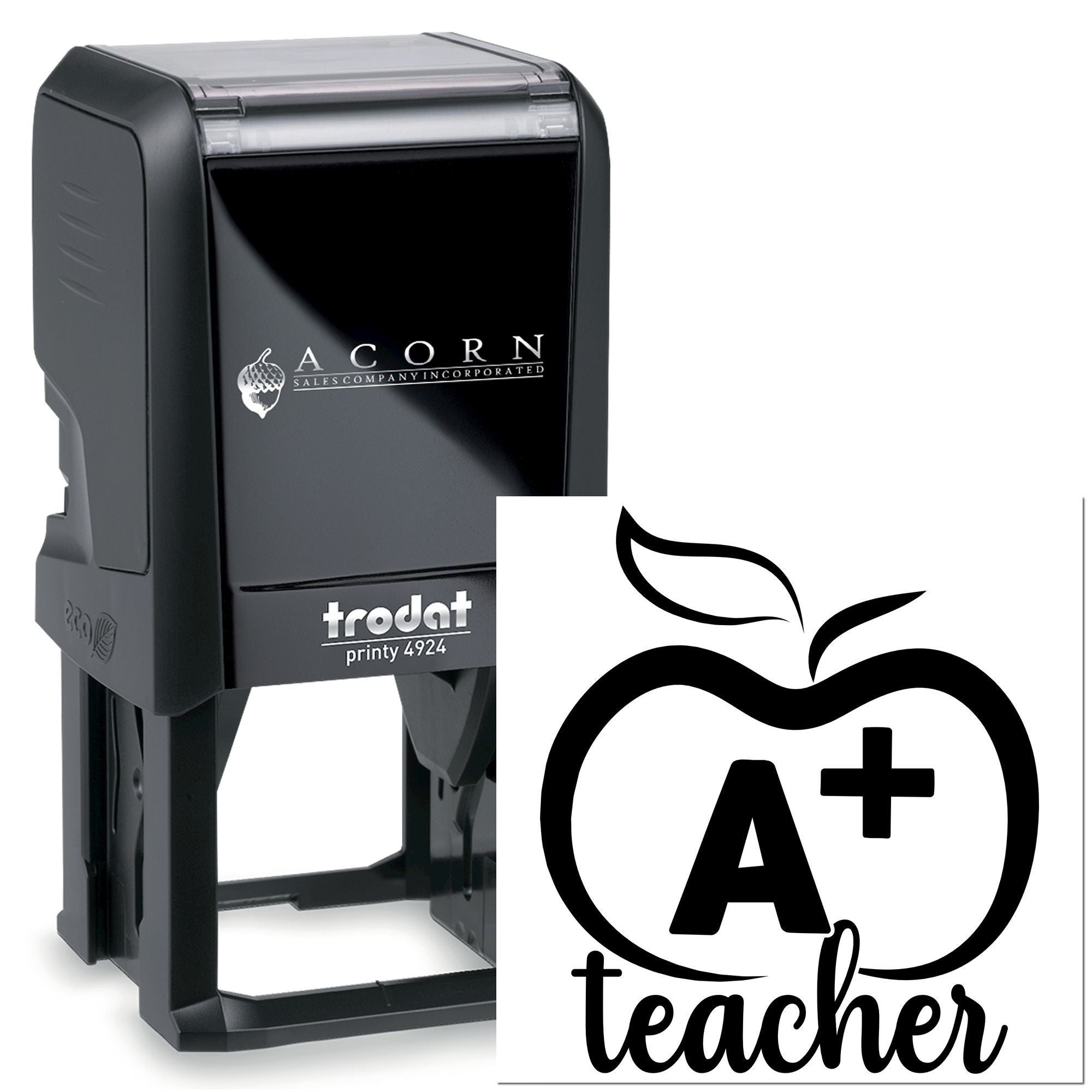 Custom A+ Teacher self-inking rubber stamp, Trodat Printy 4924, for grading papers and classroom rewards.