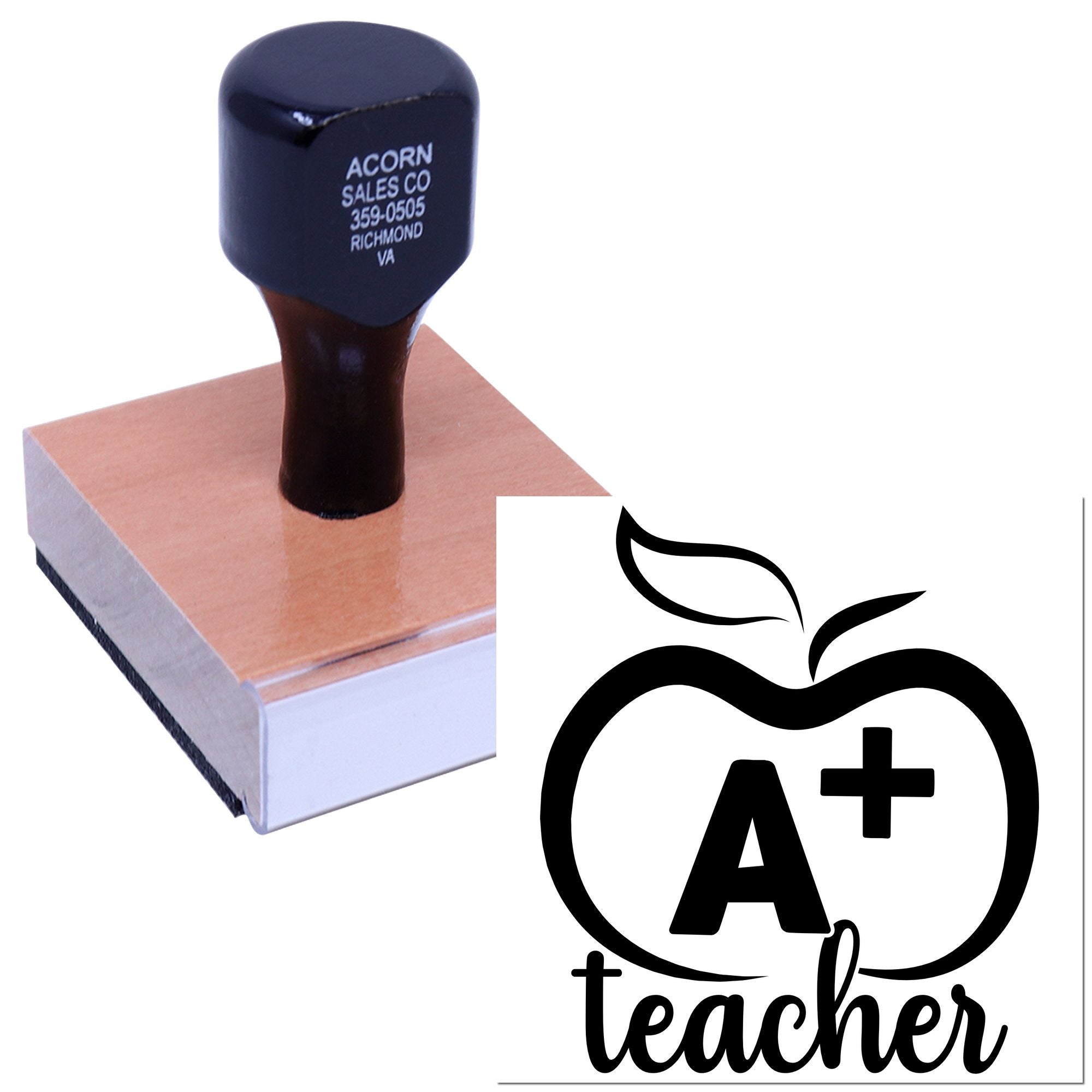 Custom teacher rubber stamp with A+ apple design for grading papers and rewarding students.