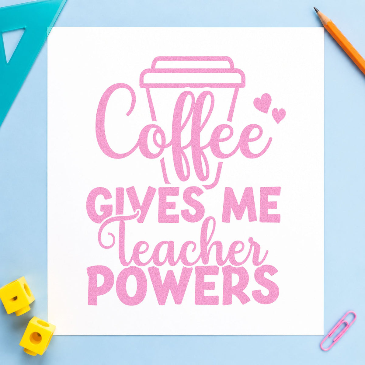 Coffee Gives Teacher Powers Cup craft stamp in purple ink on cardstock, an easy option for bulk order tags.