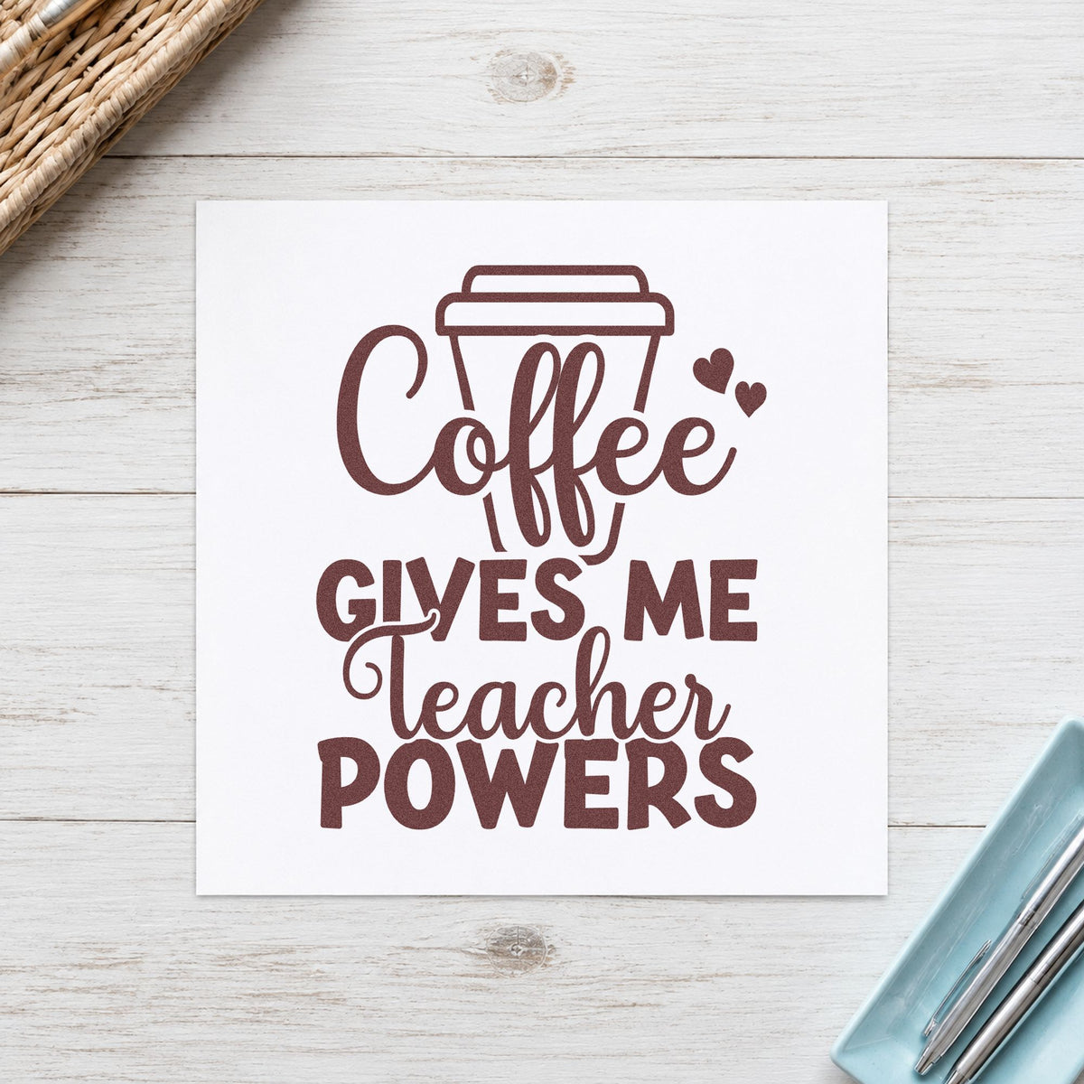 Coffee Gives Teacher Powers Cup rubber stamp printed in brown ink, ready for stencil cup crafts and similar paper crafts.