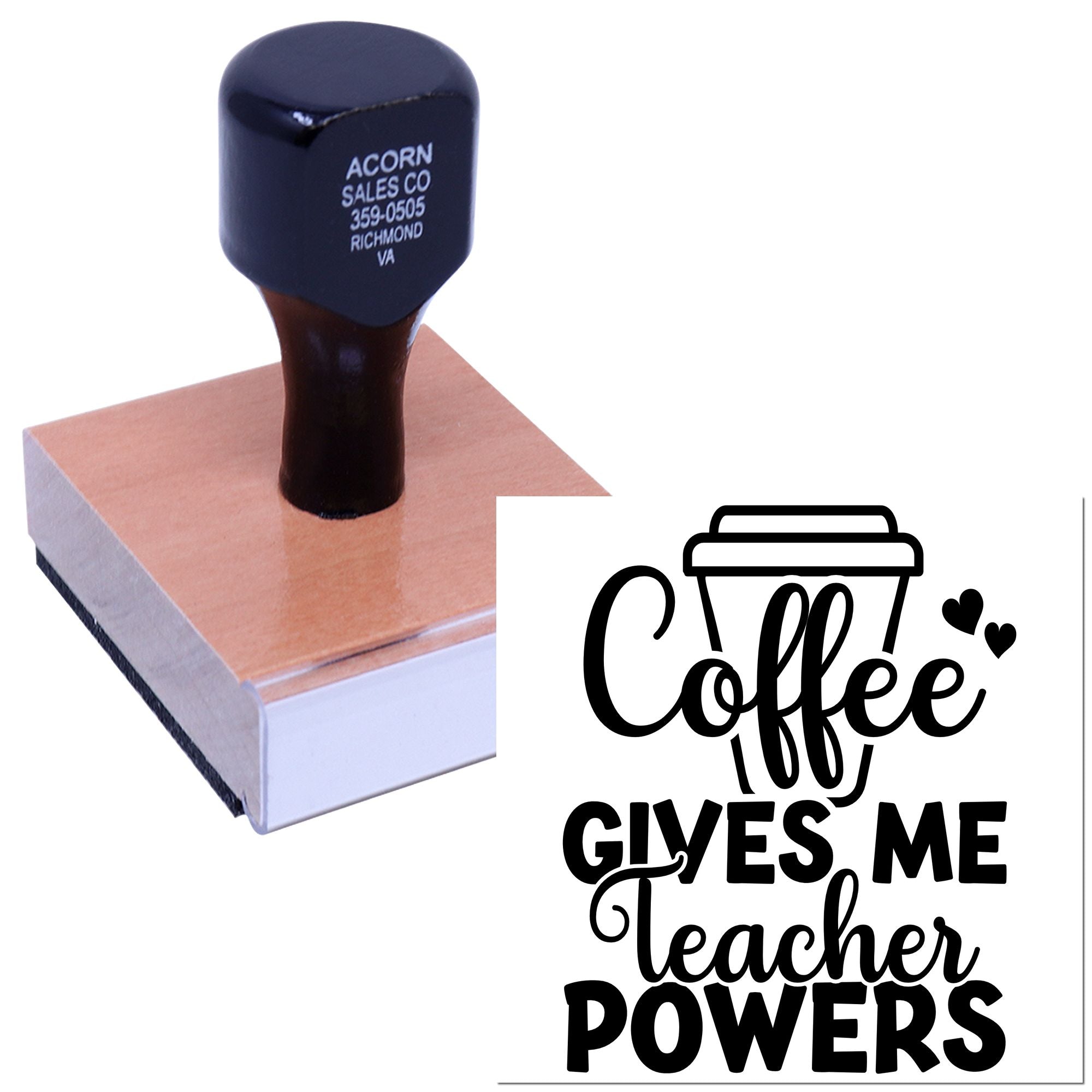 Coffee Gives Me Teacher Powers rubber stamp with reusable wood handle for classroom crafts and teacher gifts.