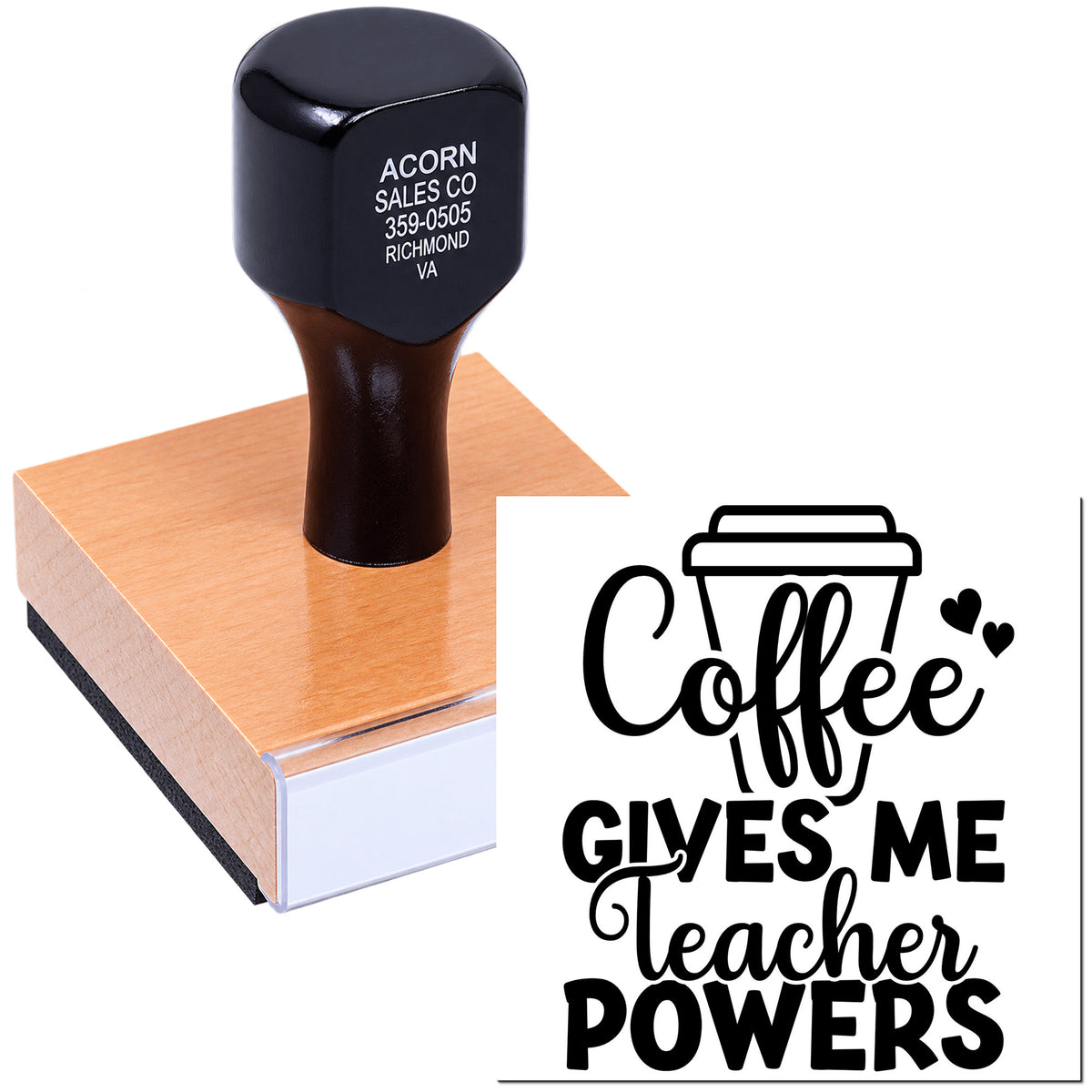 Coffee Gives Me Teacher Powers rubber stamp with reusable wood handle for classroom crafts and teacher gifts.