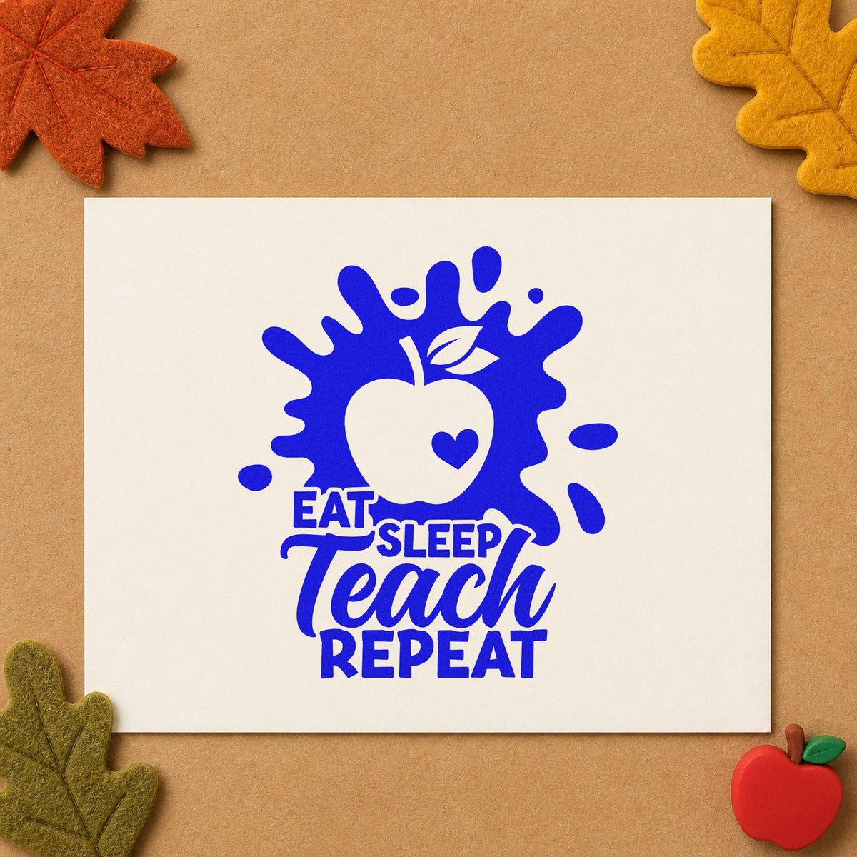 Eat Sleep Teach Repeat Splash craft stamp in blue ink on cardstock, an easy option for beach towel panels.