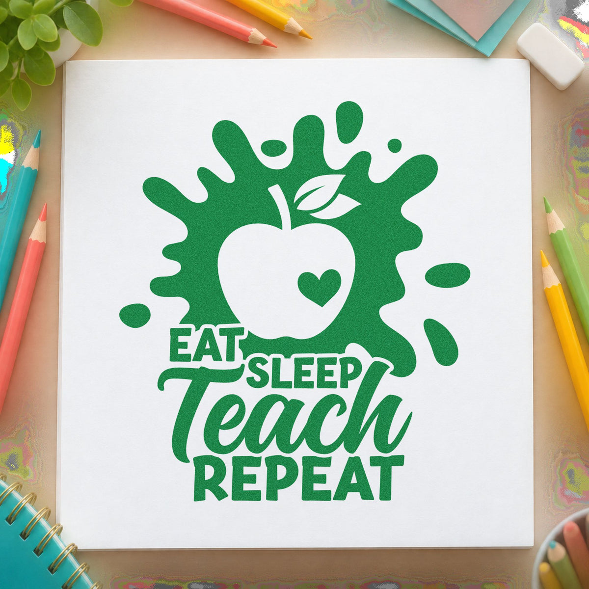 Eat Sleep Teach Repeat Splash craft stamp imprint in green ink on a handmade project, one idea being framed summer shelf.