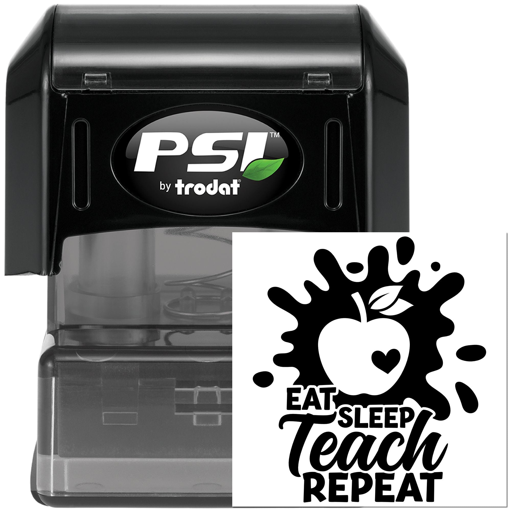 Self-inking teacher rubber stamp by PSI Trodat with Eat Sleep Teach Repeat apple design imprint