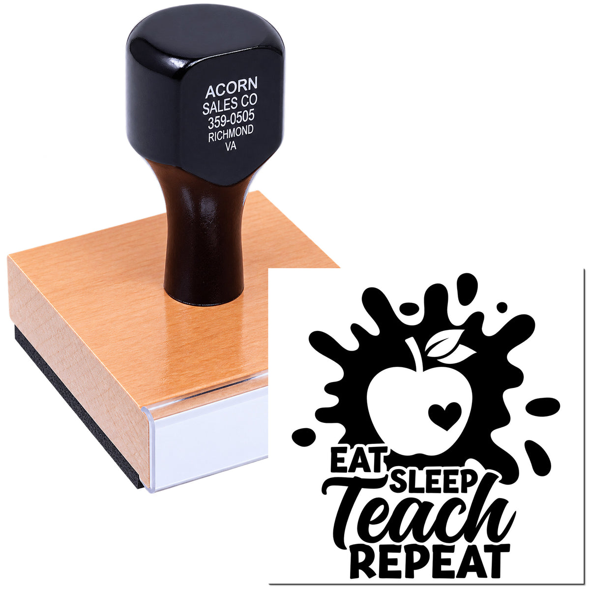 Custom teacher rubber stamp with apple design and Eat Sleep Teach Repeat text for classroom use and stationery.