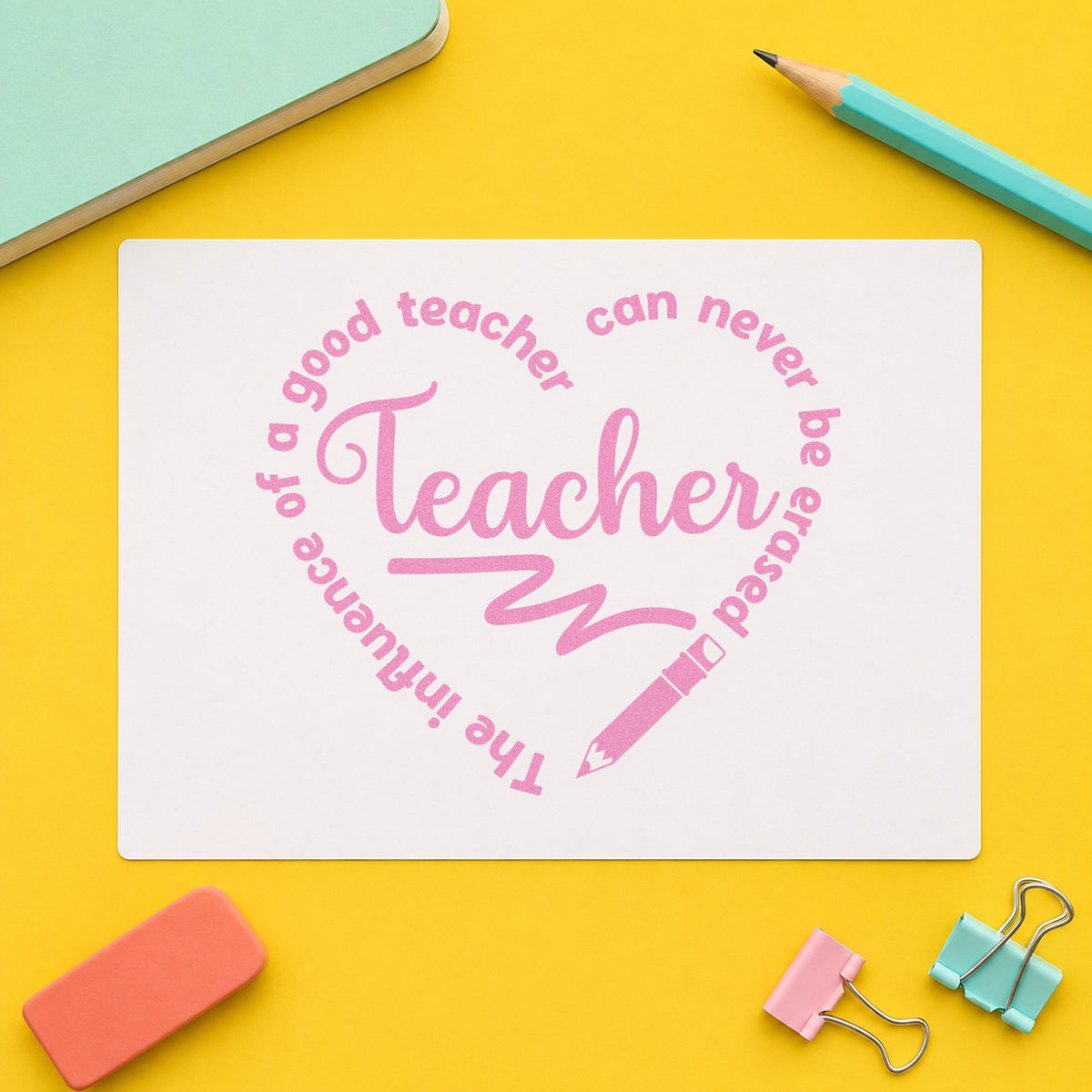 Teacher Influence Pencil Circle craft stamp in purple ink on cardstock, an easy option for sketchbook tags.