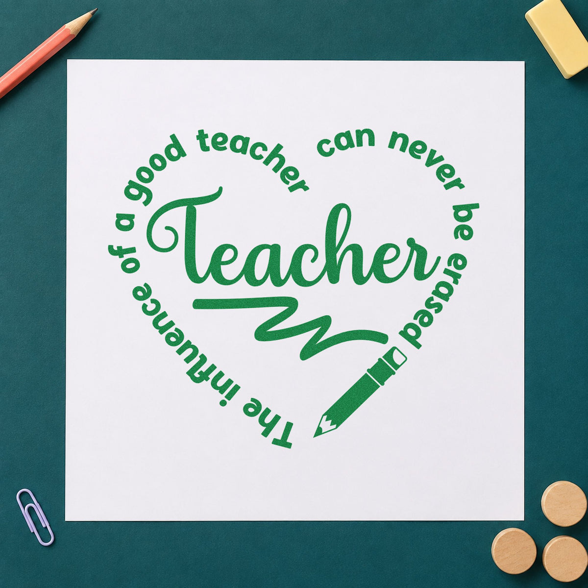 Teacher Influence Pencil Circle craft stamp imprint in green ink on a handmade project, one idea being doodle margin pages.