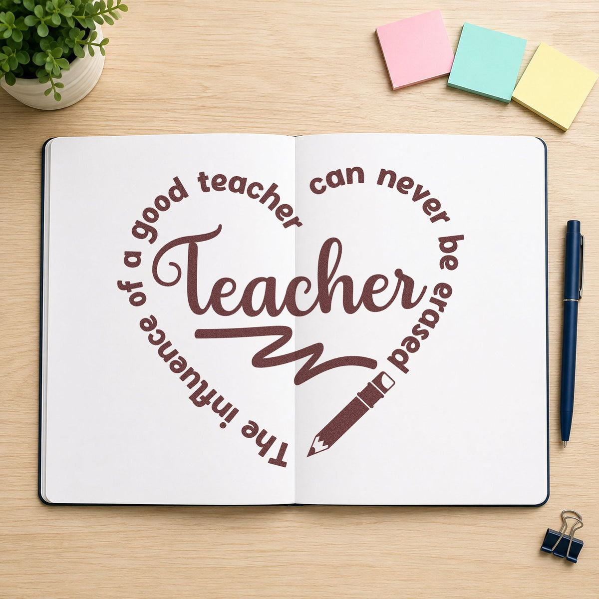 Teacher Influence Pencil Circle rubber stamp printed in brown ink, ready for eraser shield crafts and similar paper crafts.