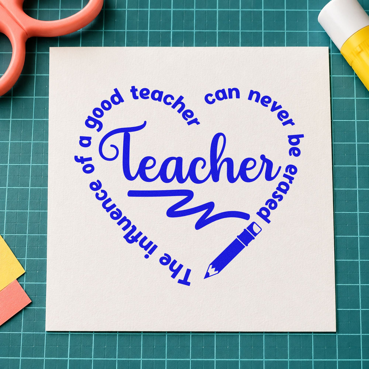 Teacher Influence Pencil Circle craft stamp imprinted in blue ink on paper, a design suited to draft bin labels.