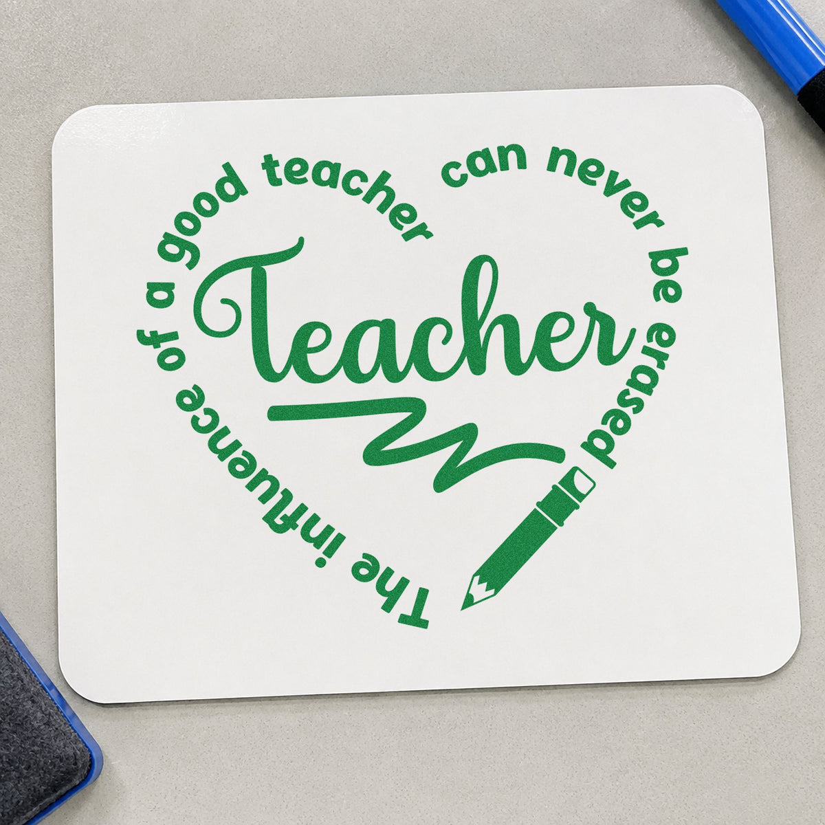 Teacher Influence Pencil Circle craft stamp imprint in green ink on a handmade project, one idea being framed sketch wall.