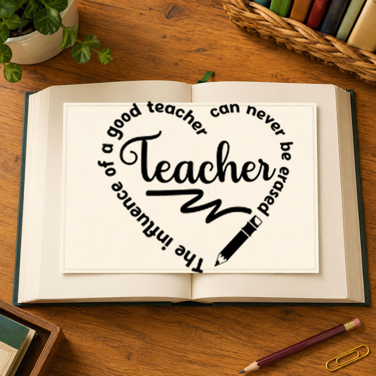 Teacher Influence Pencil Circle rubber stamp printed in black ink, ready for scribble curve cards and similar paper crafts.