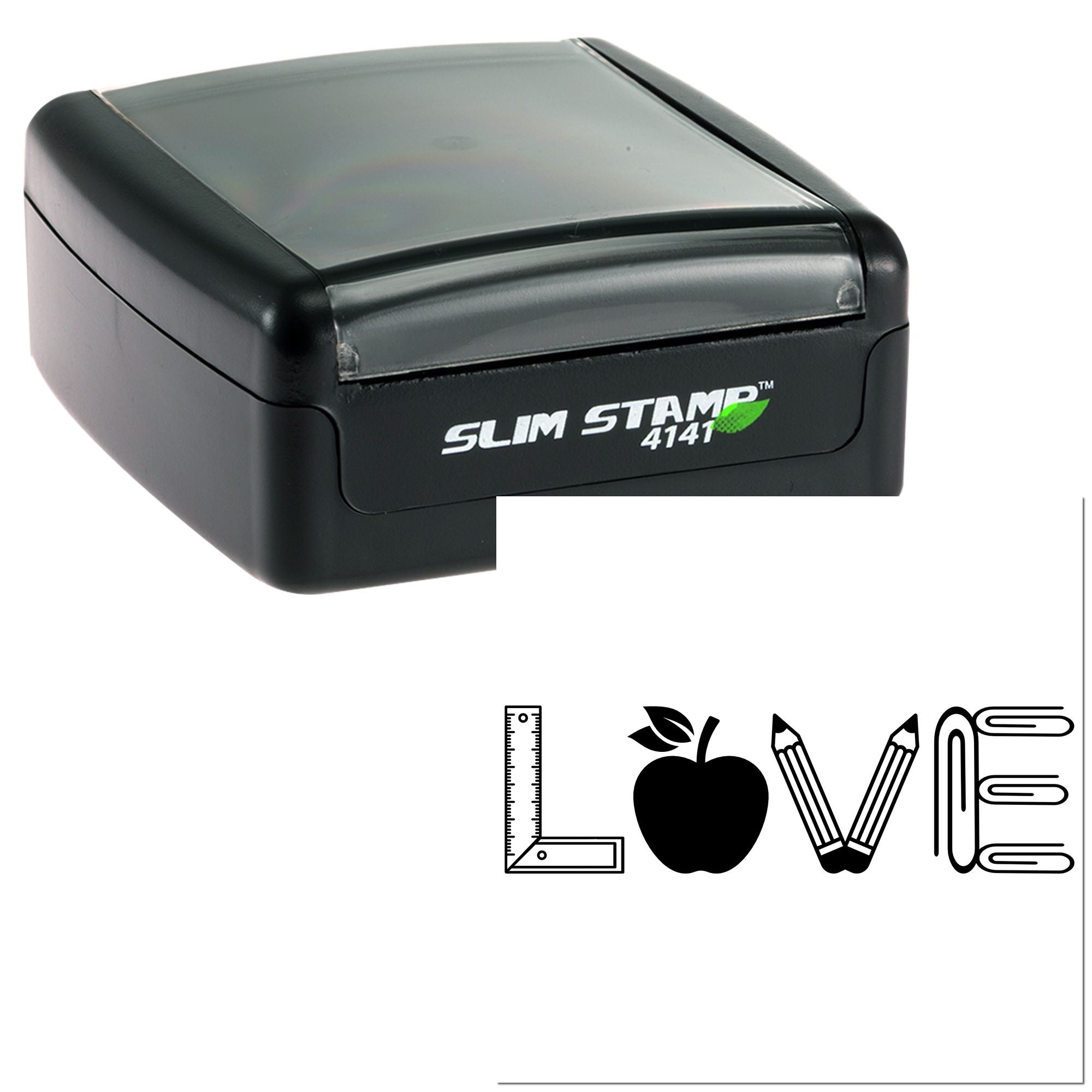 Slim Stamp 4141 self-inking rubber stamp with school-themed icons for custom classroom marking and labeling.