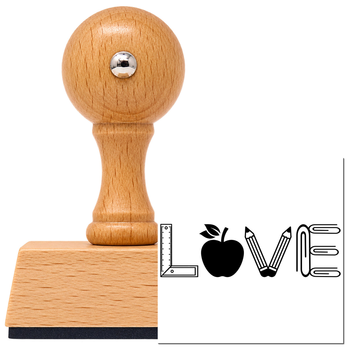 Love School Supplies Vintage Pro rubber stamp in European beech wood with a round knob handle, shown beside its black imprint.