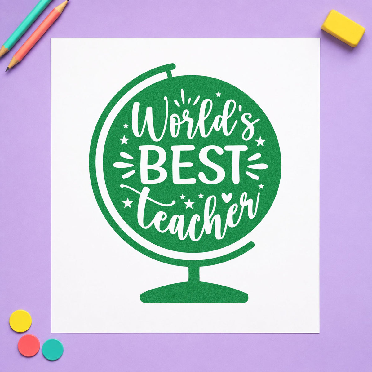 World's Best Teacher Globe craft stamp imprint in green ink on a handmade project, one idea being ballot sheet pages.