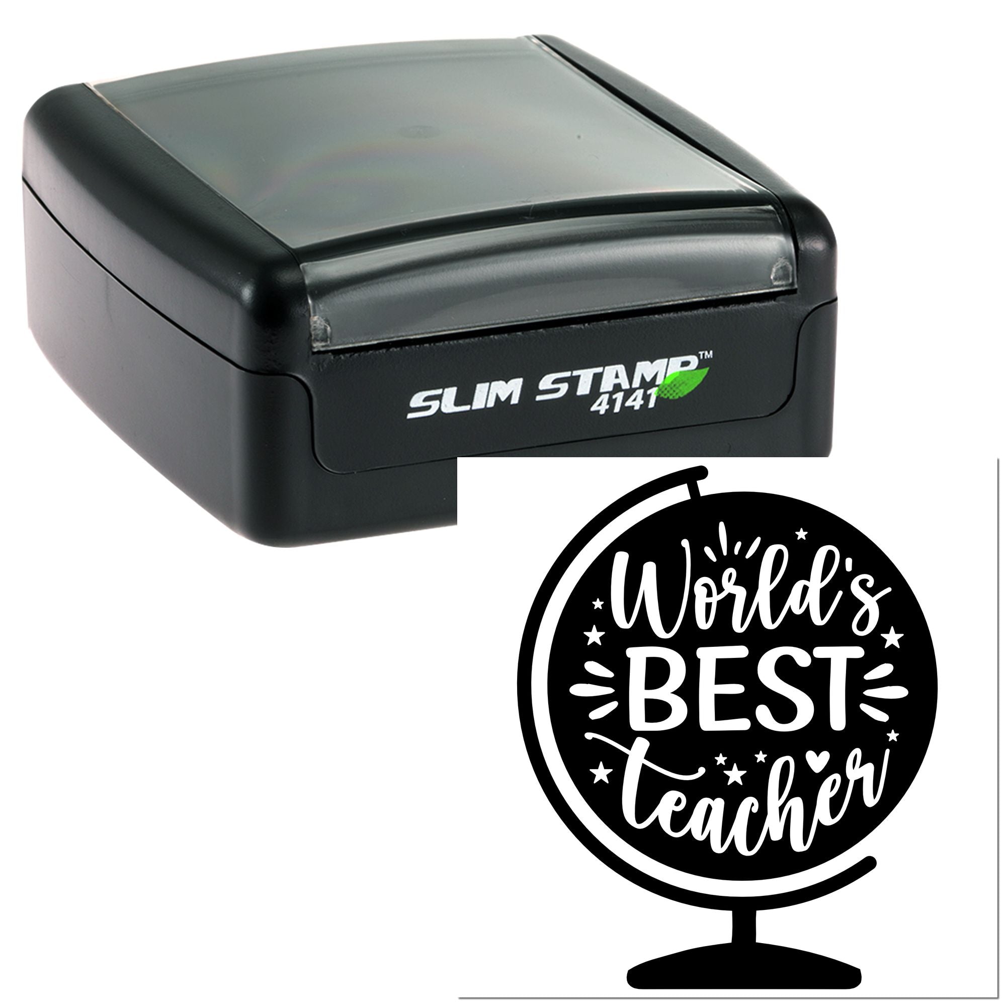 Slim Stamp 4141 self-inking rubber stamp with World's Best Teacher globe design for teacher appreciation.