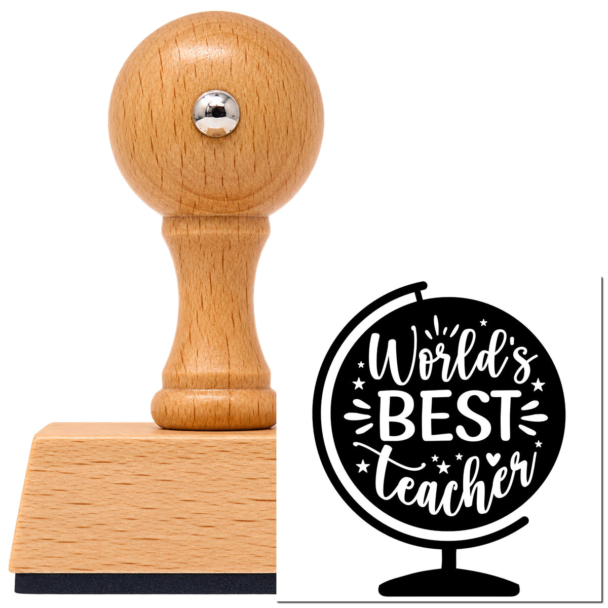 World's Best Teacher Globe With Stars Vintage Pro rubber stamp in European beech wood with a round knob handle, shown beside its black imprint.