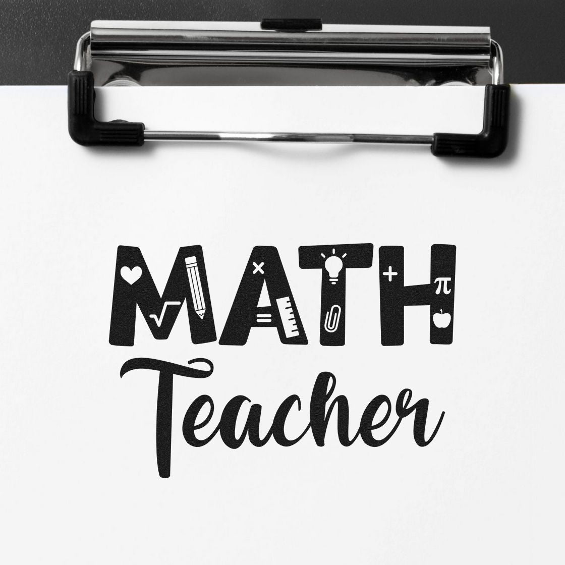 Math teacher rubber stamp design with school icons, ideal for classroom grading, teacher gifts, and educational crafts.