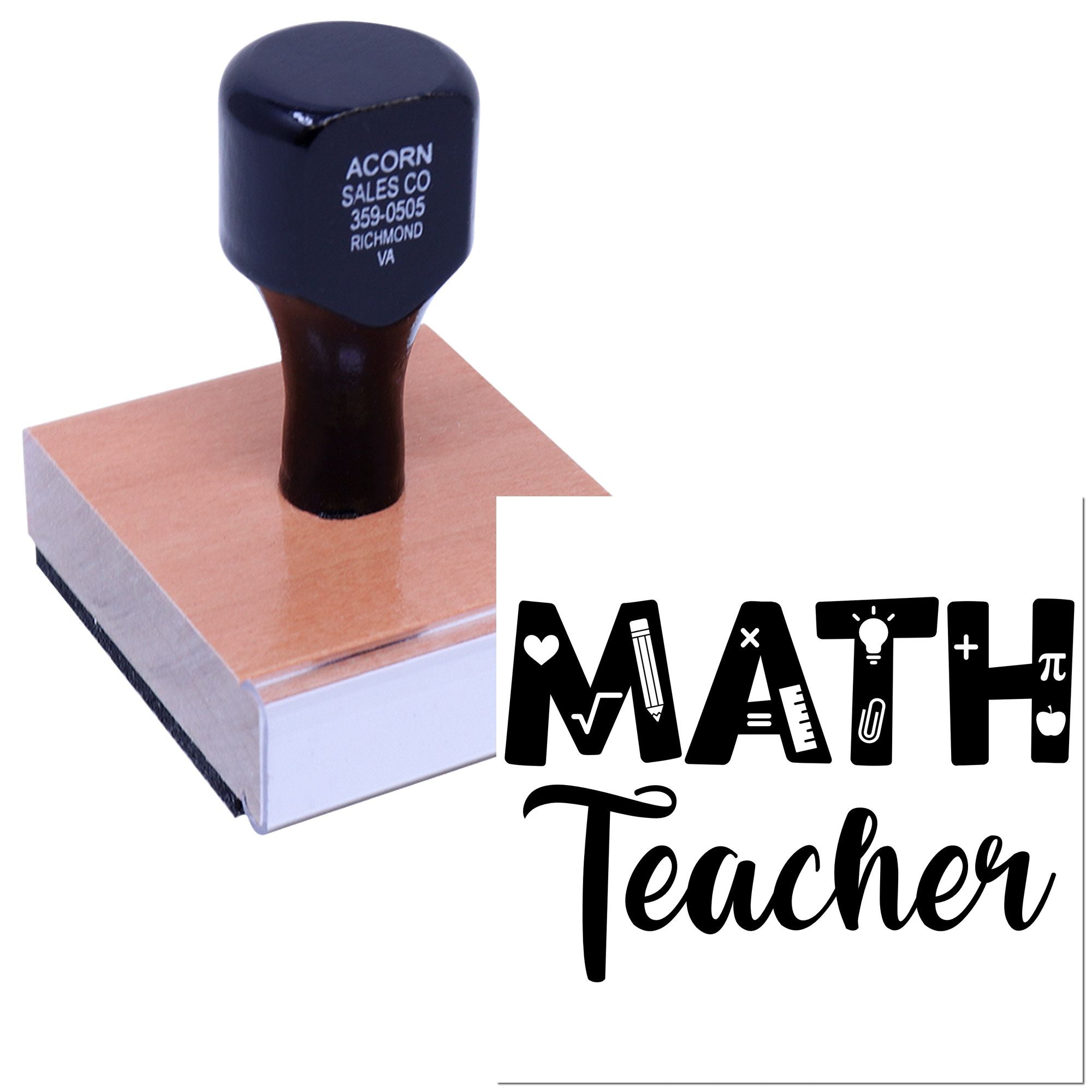 Custom Math Teacher rubber stamp on handle, ideal for grading homework, lesson plans, and classroom supplies.