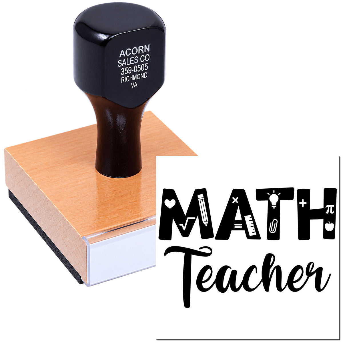 Custom Math Teacher rubber stamp on handle, ideal for grading homework, lesson plans, and classroom supplies.