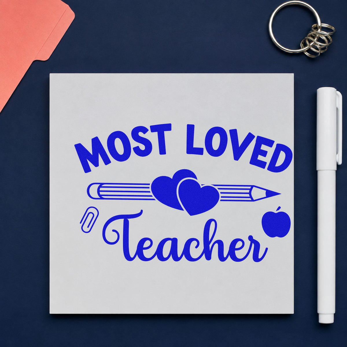 Most Loved Teacher craft stamp in blue ink on cardstock, an easy option for chair pocket panels.