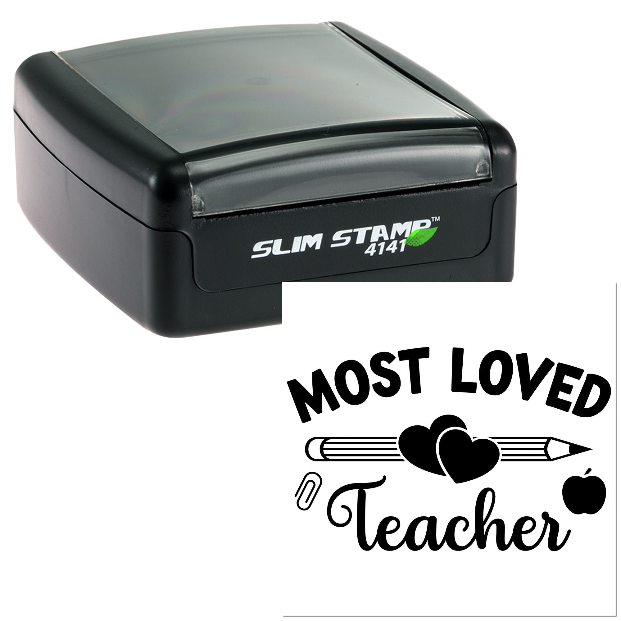 Self-inking rubber stamp with Most Loved Teacher design for classroom use, featuring hearts, pencil and apple icons.