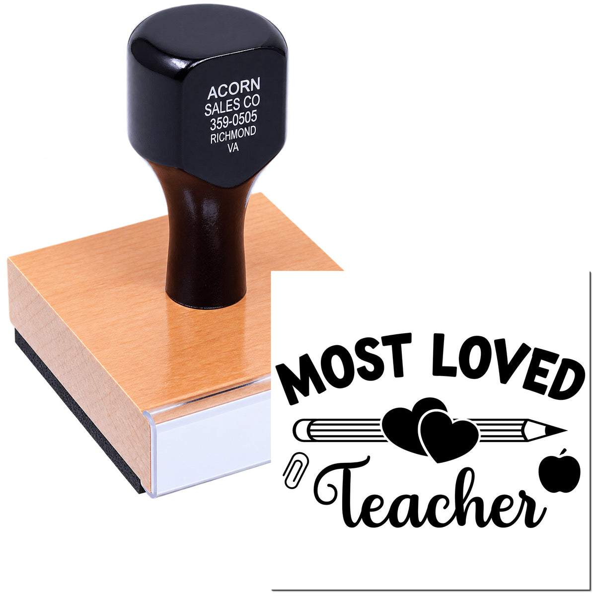 Most Loved Teacher custom rubber stamp on wood block for classroom gifts, teacher appreciation, and school crafting.