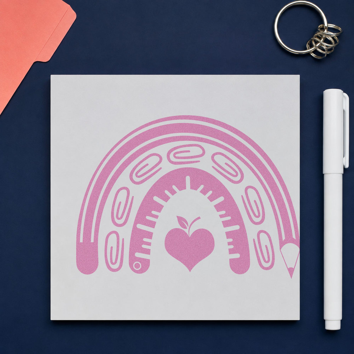 School Supply Rainbow craft stamp in purple ink on cardstock, an easy option for donation drive tags.