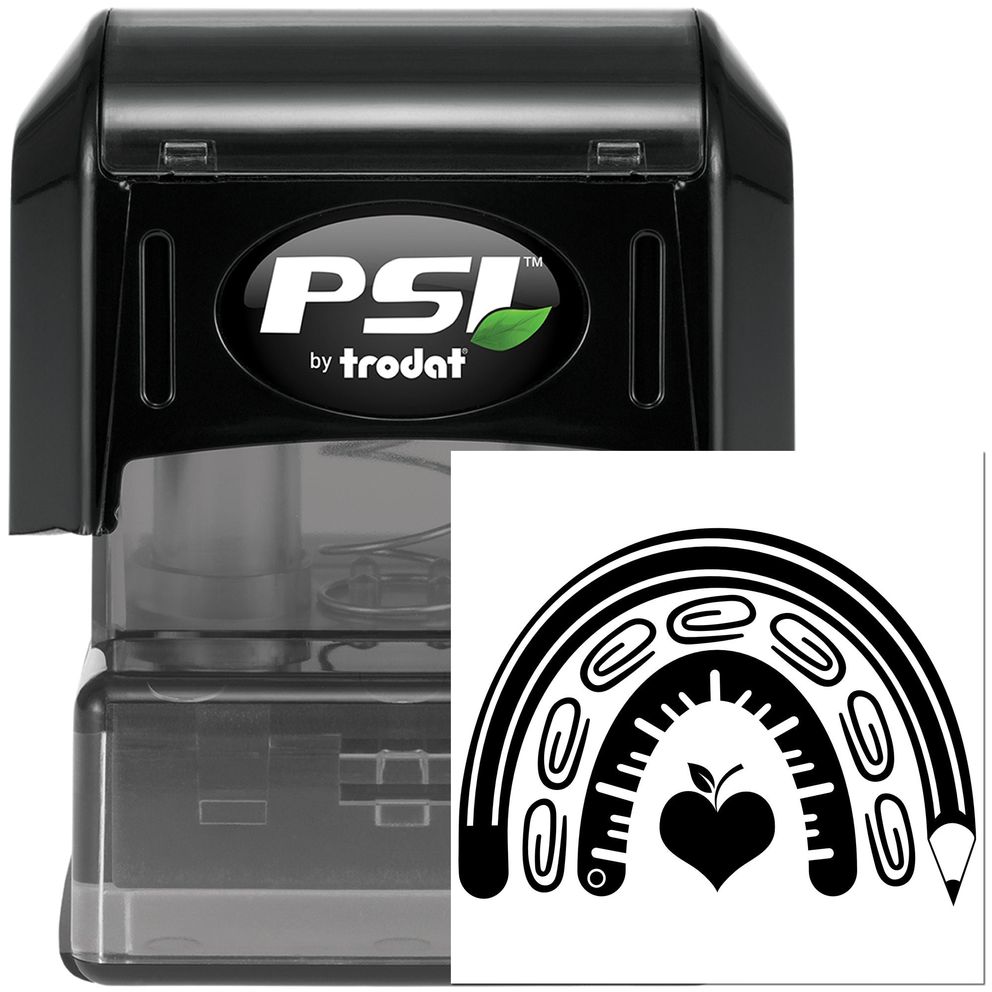 PSI by Trodat self-inking rubber stamp with custom heart-and-rainbow imprint for personalized, eco-friendly stamping