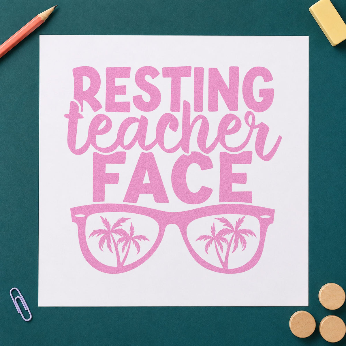 Resting Teacher Face craft stamp in purple ink on cardstock, an easy option for summer kit tags.