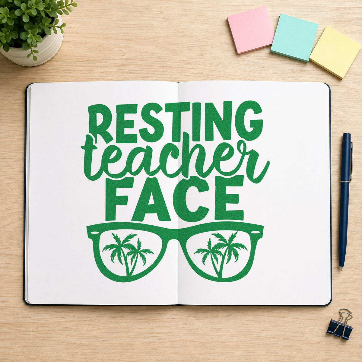 Resting Teacher Face craft stamp imprint in green ink on a handmade project, one idea being countdown chart pages.