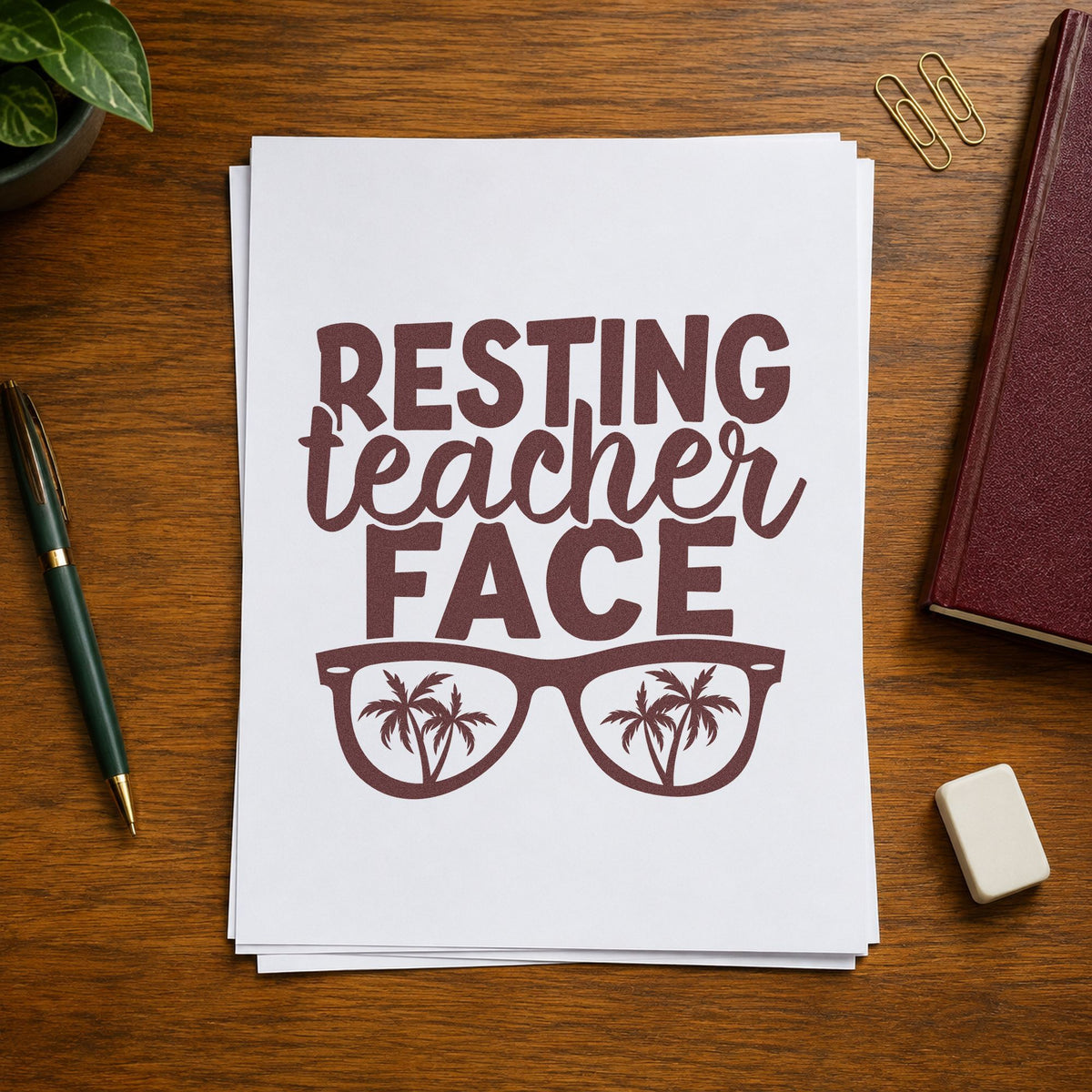 Resting Teacher Face rubber stamp printed in brown ink, ready for sunscreen tube labels and similar paper crafts.