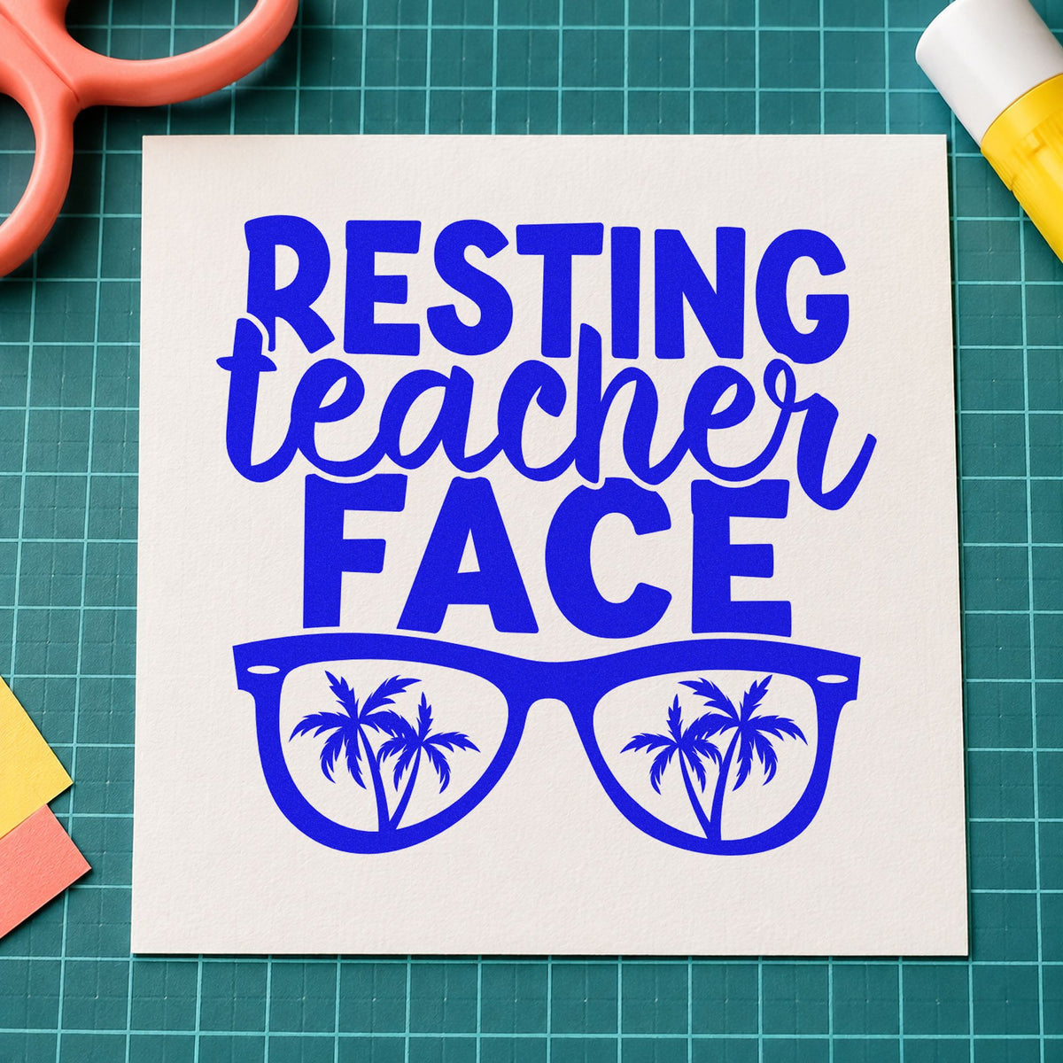 Resting Teacher Face craft stamp in blue ink on cardstock, an easy option for beach towel panels.