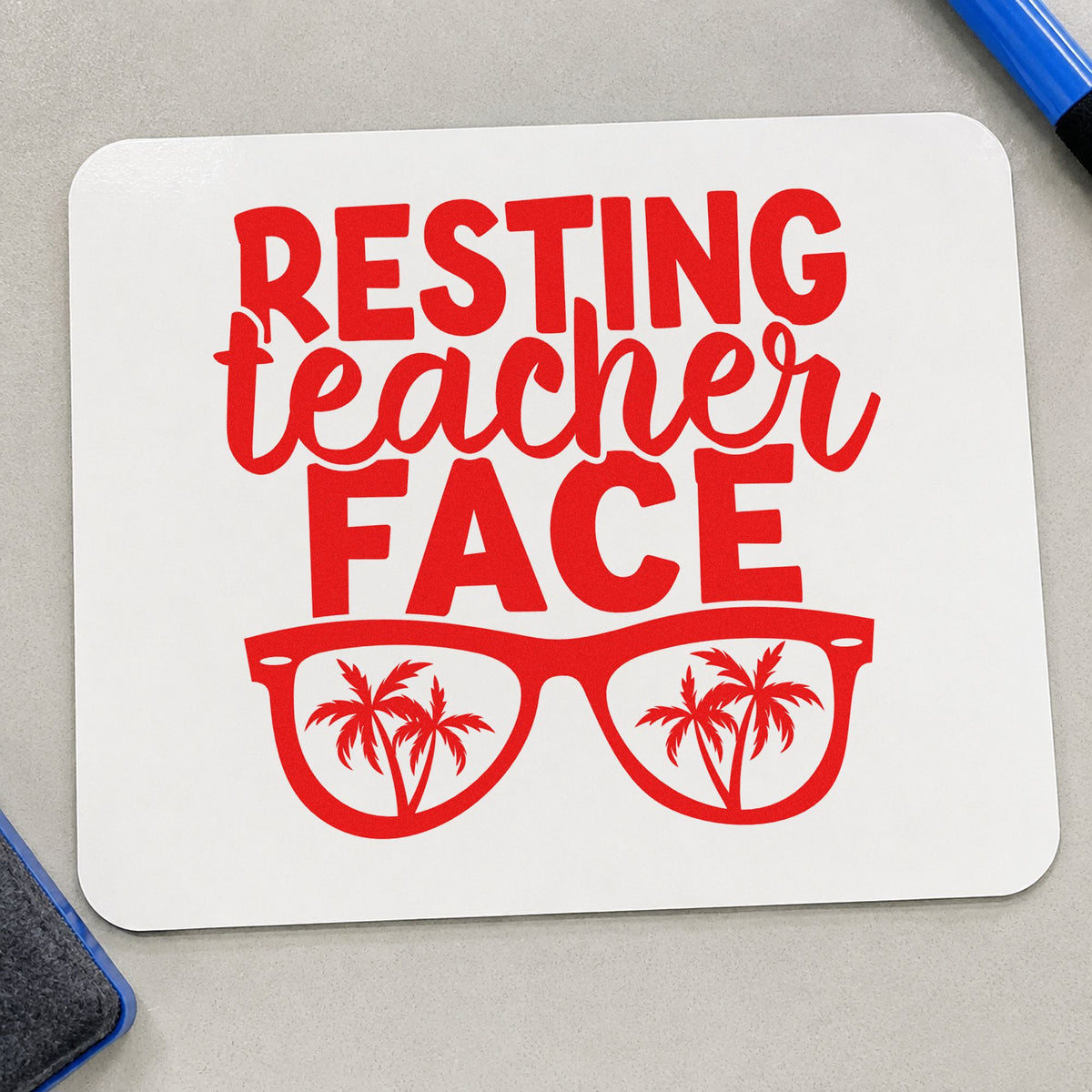 Resting Teacher Face rubber stamp shown in red ink, stamped for projects such as last bell notes.