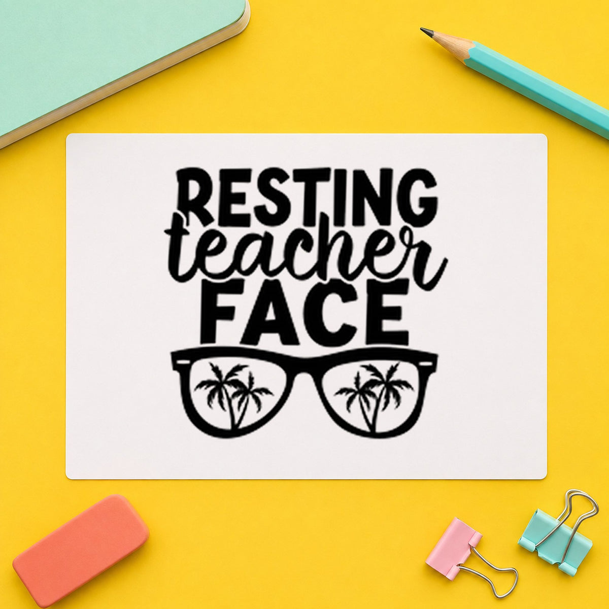 Resting Teacher Face rubber stamp printed in black ink, ready for resting face cards and similar paper crafts.