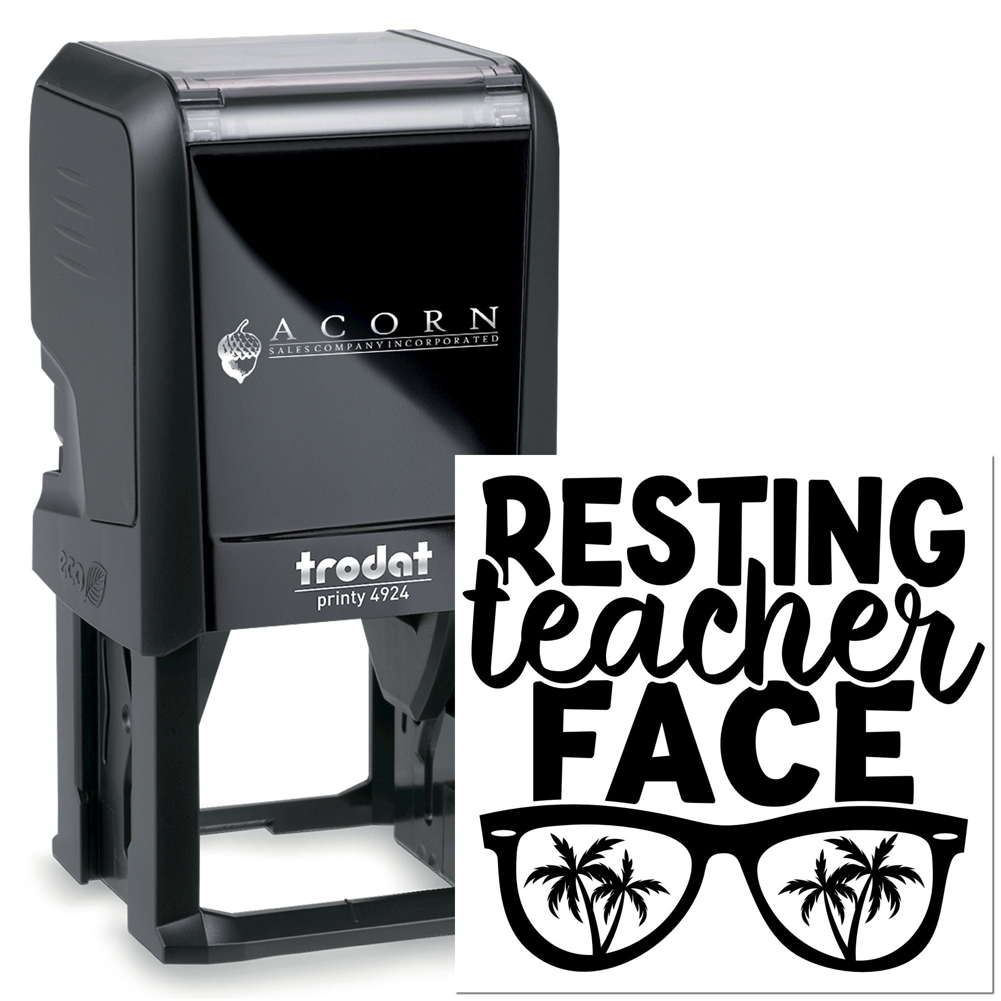 Self-inking rubber stamp for teachers with Resting Teacher Face design, Trodat Printy 4924.