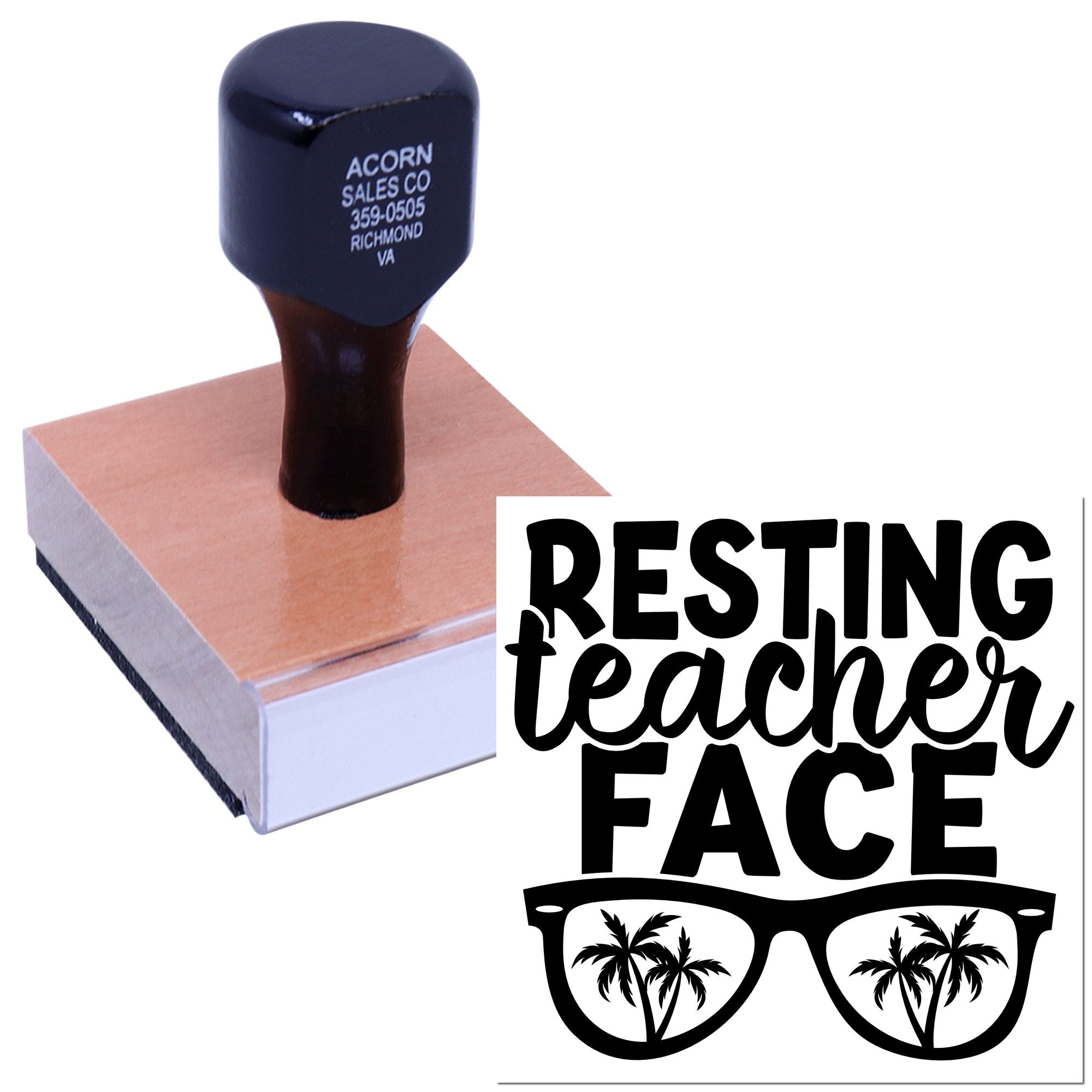 Custom teacher rubber stamp with "Resting Teacher Face" sunglasses and palm tree graphic, shown on a mounted block.